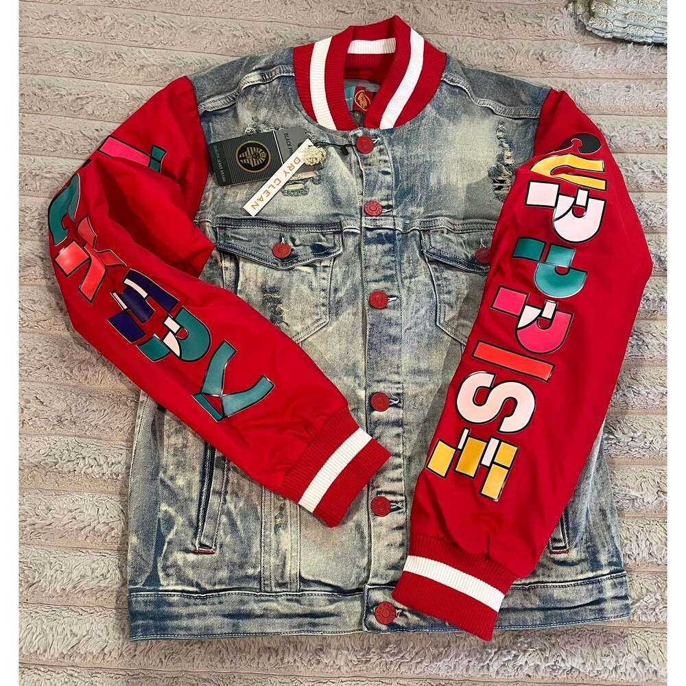 Black Pharaoh Surprise Denim Varsity Jacket Distressed Denim Red Sleeves NWT